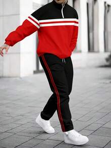 Men's Fashion Color Block Patchwork Zipper Sweatshirt And Pants Set - Red - View 4