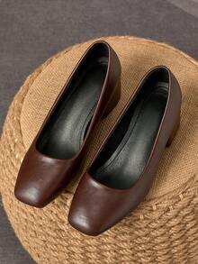 MonaNise Women's Fashion Square Toe Low Vamp Contrast Color Pumps, Suitable For Vacation, Travel, Shopping, Outdoor, Retro Brown Casual, Navy Blue Versatile High-End Black High Heel Shoes - Brown - View 2