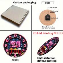 1pc 9. 8-Inch Silent Non-Luminous Wall Clock - Movie Night Theme With Neon Text & Popcorn Design, Artificial Wood Quartz Battery Operated (AA Not Included) For Living Room, Bedroom, Home Theater Decor, Bedroom Timepiece, Small Wall Clock For Living Room, 2D Flat - Wooden Wall Clock - View 9