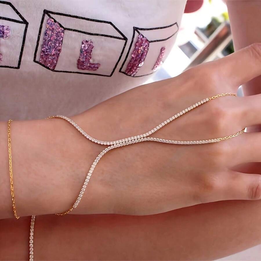 Women's Rhinestone Bracelet, Multiple Simple Finger Bracelets, Luxurious Fashion Versatile Accessories, Suitable For Various Styles Of Festival Performances, Jewelry Gifts - Rhinestone Gold - View 1