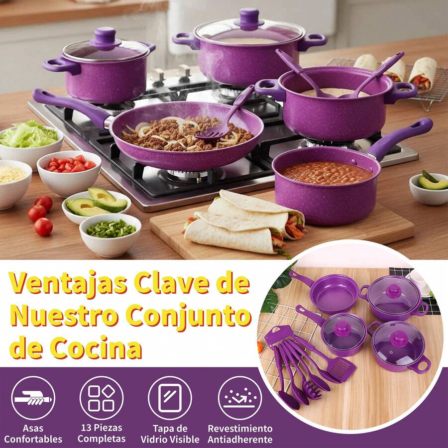 13 Piezas Set Antiadherente Púrpura - Sartén, Olla, Cazuela y Utensilios para Hogar