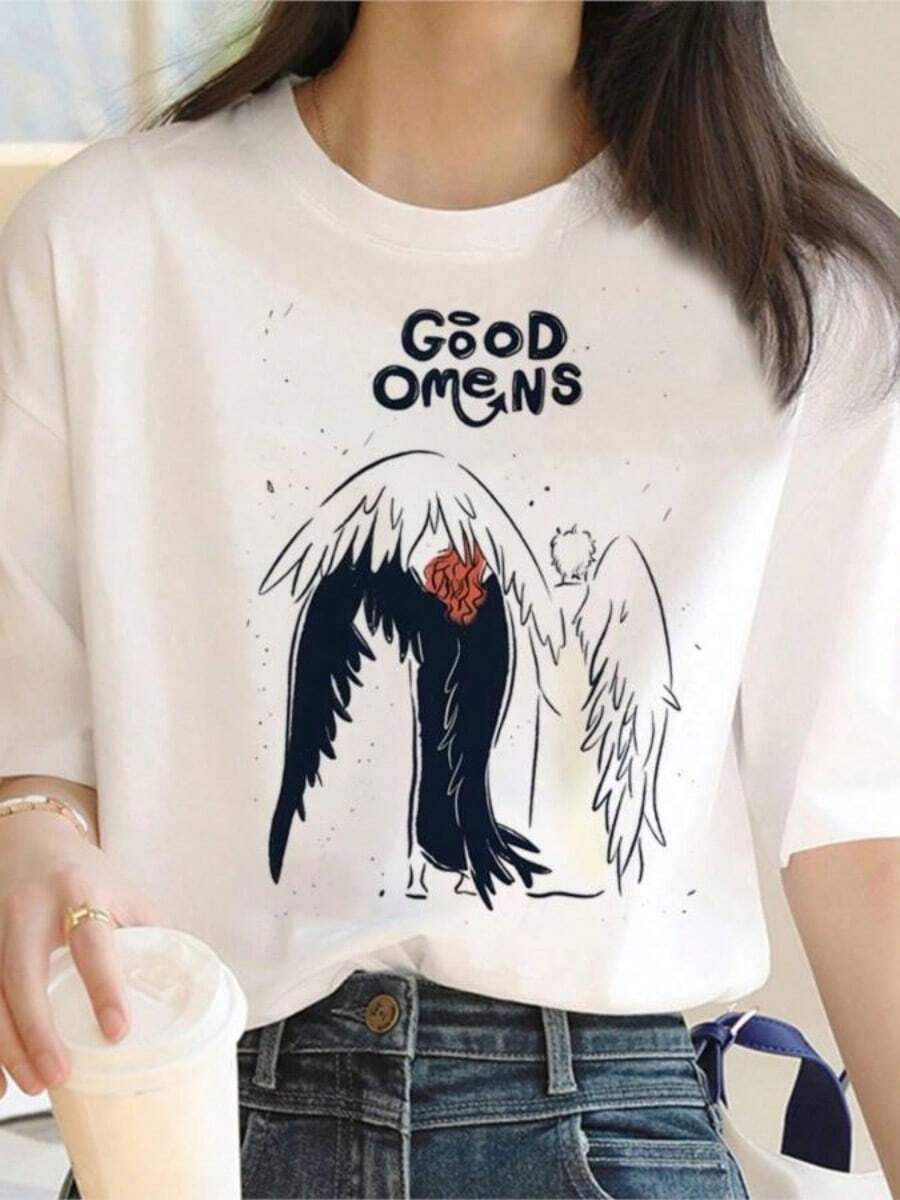 Good Omens T-Shirts Men Funny Japanese Top Boy Streetwear Harajuku Graphic Clothing Size S-5xl - trắng - Xem 1