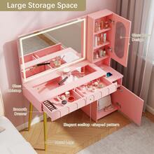 47.5" Big Modern Vanity  With Mirror And Lights, Fluted Makeup Vanity With Glass Top, Vanity Desk With 2 Drawers & Glass Cabinet, Wood Vanity With Storage Cabinet,3 Lighting Modes For Bedroom,Gift For Girls Women - Xem 4