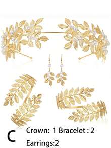 6-15件复古希腊女神首饰套装，简约波西米亚朋克风希腊手镯，可调节臂环。套装包含金色树叶皇冠手镯和珍珠耳环。 - 金黃色 - 查看 5