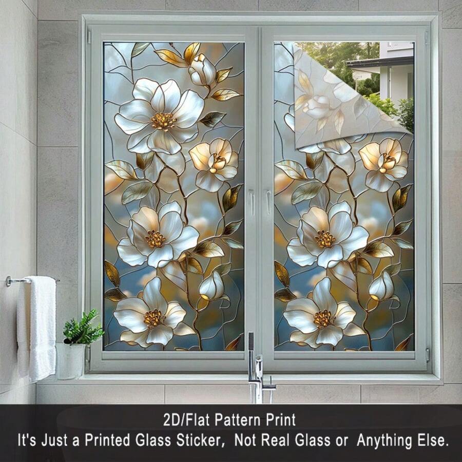 2D Flat Surface, 1 Piece Of Window Sticker, 2D Flat White Floral Art Pattern PVC Electrostatic Adsorption Window Film, Elegant And Light Luxury Style Home Decoration Window Film Decals For Living Rooms And Bedrooms, Artistic Atmosphere + Privacy Protection, Custom Sizes Available, Home Decoration, Floral Art Design, Glass Craftsmanship Texture, Durable Material, Electrostatic Adsorption Type, 2D Flat Surface, Window Art Decoration - 17.72*39.37吋(45*100公分) - 查看 1