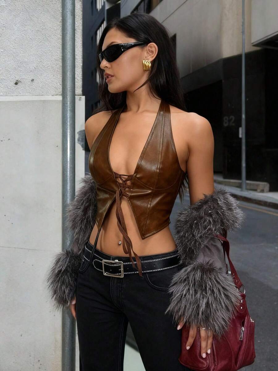 Vexica Damen Trägertop mit offenem Rücken, braun, aus gestricktem Stoff, asymmetrischer Saum, sexy Träger-Tanktop mit Knotendetail