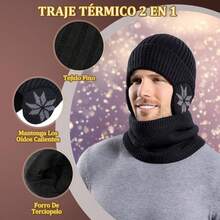 Gorros de Invierno para Hombre y Mujer,Conjunto de Gorro y Bufanda Invierno para Niños y Niñas,Cálido Gorro de Punto Forrado de Lana con Anchas Orejeras - Azul marino-Adultos - Ver 9
