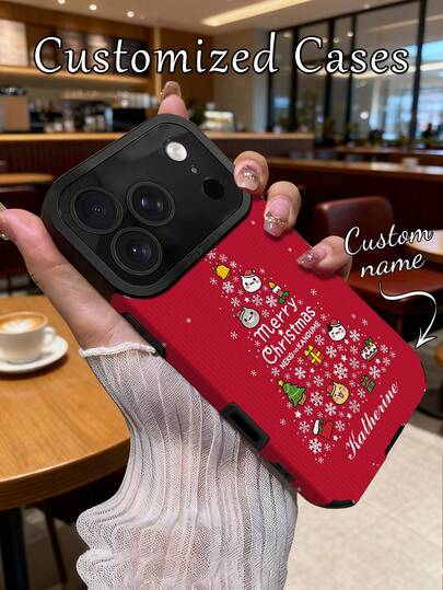 1pc Customized Name Red Christmas Tree & Cat Pattern, Vertical Toothpick Texture PU Leather Anti-Fall Anti-Fingerprint TPU Soft Case Compatible With IPhone 17ProMax/16ProMax/15Pro/14 Plus/13 Pro/12 Pro Max/11/7P/XS/XR And Phones Accessories