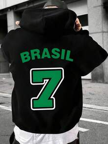 The double-sided printed hoodie features the emblem of the Brazilian national team on the right side of the front, paired with the words "BRASIL". On the back, there is a large "BRASIL" lettering and the number "7", presenting a fusion style of Brazilian football culture and trendy design, visually rich in sports and national cultural expression. Hoodie, 100% pure cotton, casual loose hoodie with hood pocket, slightly elastic knitted fabric, kangaroo pocket design, autumn/winter version - Negro - Ver 1