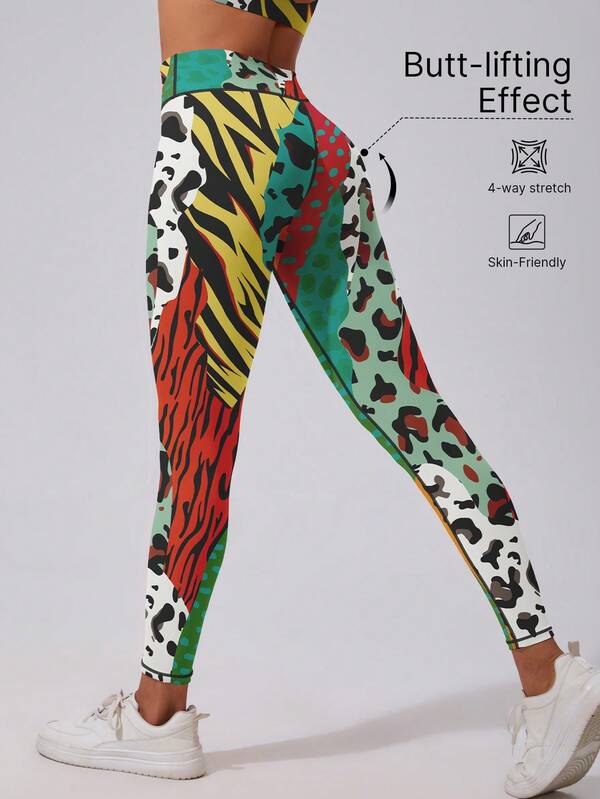 1pc Women's High Waist Lifting Tight Leggings, Sports Pants, Cycling Pants, Yoga Pants, Fitness Wear, Multi-Color Leopard Print, High Elasticity, Comfortable Breathable, Moisture-Wicking, Suitable For Gym Workout, Running, Jogging, Outdoor Sports, Cycling, Yoga, Pilates, Dance, Ballet