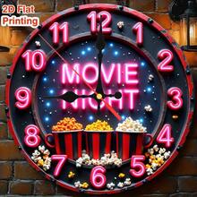1pc 9. 8-Inch Silent Non-Luminous Wall Clock - Movie Night Theme With Neon Text & Popcorn Design, Artificial Wood Quartz Battery Operated (AA Not Included) For Living Room, Bedroom, Home Theater Decor, Bedroom Timepiece, Small Wall Clock For Living Room, 2D Flat - Wooden Wall Clock - View 1