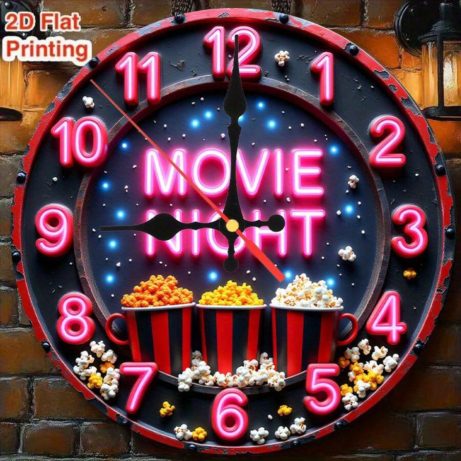 1pc 9. 8-Inch Silent Non-Luminous Wall Clock - Movie Night Theme With Neon Text & Popcorn Design, Artificial Wood Quartz Battery Operated (AA Not Included) For Living Room, Bedroom, Home Theater Decor, Bedroom Timepiece, Small Wall Clock For Living Room, 2D Flat - Wooden Wall Clock - View 1