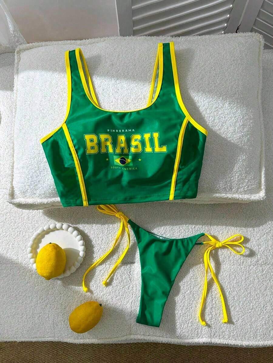 Conjunto de Maiô biquini Casual de Férias com Estampa de Letras do Brasil, Primavera Verão 2026 modinha blogueirinha basico dia dia casual para copa do mundo amarelo e verde biquini para verão copa do brasil - Verde - Visão 1