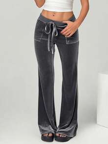 Calça de Moletom Feminina Casual de Cor Sólida com Cordão, Bolso e Nó, para Palco e Concerto - Prata - Visão 3