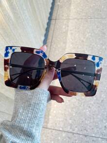 新款时尚方形眼镜框，欧美风女士大框平光镜片，花卉印花性感款 - 淺藍色 - 查看 2