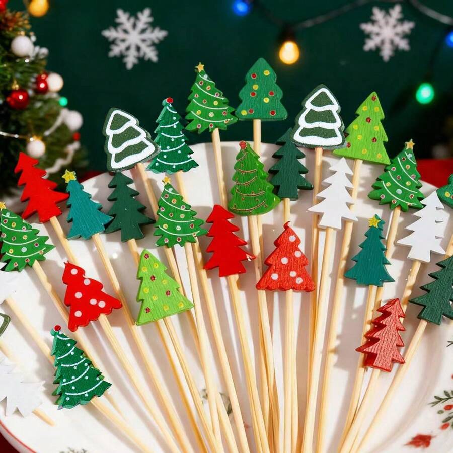 100 Pack 12 Design Christmas Cocktail Picks For Appetizers, 4.7 Inch Cocktail Sticks Xmas Trees Cocktail Sticks For Cake Dessert Food Fruit Christmas Party Decorations