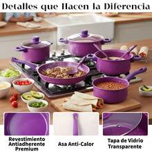 13 Piezas Set Antiadherente Púrpura - Sartén, Olla, Cazuela y Utensilios para Hogar