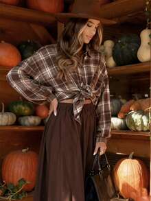 YI XUAN Plus Size Women's Vintage Bohemian Style Autumn Jacket, Casual Retro Plaid Hidden Button Jacket, Bohemian Style, Suitable For Autumn And Winter Wear - Multicolor - View 7