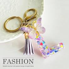 JINGUAZI Initial Letter Keychains For Women Tassel Butterfly Pink Purple Cute Car Keychain For Wallet Backpack Bag Charm{Inchcolor_nameinch:InchL-Purpleinch} - L-紫色 - 查看 3