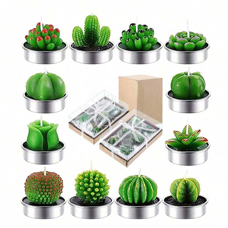 QinBetteryou Paquete de 18 velas de té con diseño de cactus - Velas botánicas miniatura suculentas hechas a mano de manera delicada - Perfectas para decoración del hogar, fiestas, bodas, inauguraciones de casa, decoración para maternidad y primer día de clases - Multicolor - Añade 11