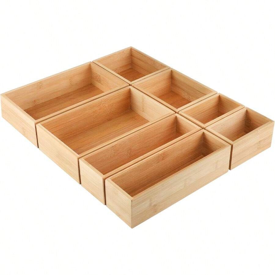 TFKI 8 Pcs Bamboo Drawer Organizer Utensil Tray Kitchen Storage Box 4-Size Versatile Dividers Cutlery Holders Bins Containers For Flatware Kitchen Utensils - Natural - View 1