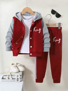 男童字母印花棒球夹克和裤子套装