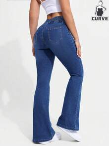 Plus Size Women's Single-Breasted Slim Fit Stretch Denim Flare Pants - Dark Wash - View 3