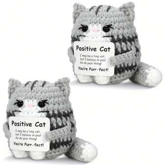 Positive Crochet Cat, Mini Animal Gift, Handmade Inspirational Fun Crochet Gift, Suitable For Women, Men, Friends, Family, Birthdays. Adorable Cat Decor, Cute Collectible Doll, Can Be Used For Home Decor And Party Decoration.