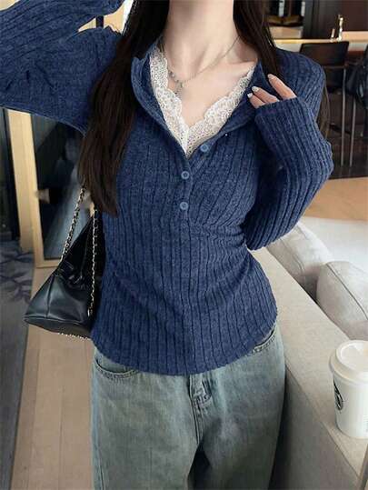 女士二合一抓绒针织打底衫，修身蕾丝边短款上衣，秋冬款