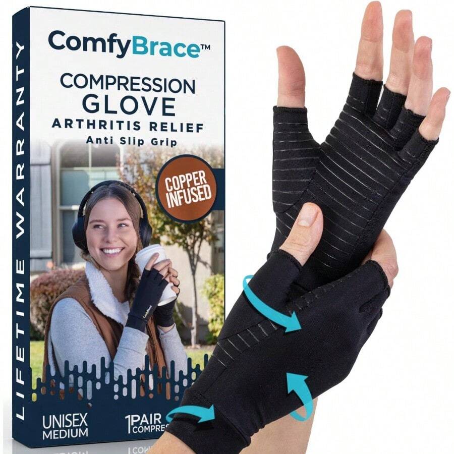 ComfyBrace Copper Infused Compression Arthritis Gloves For Hand And Finger Relief From Pain/Swelling Caused By Rheumatoid Arthritis Carpal Tunnel Tendonitis And Poor Circulation Fits Men And Women - 中號1雙 - 查看 1