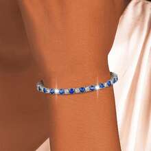 1pc Minimalist 925 Sterling Silver Cubic Zirconia Geometric Square Tennis Chain Bracelet For Women, Versatile For Daily Wear, Gift, Party, Vacation, Valentine's Day - Blue - View 6