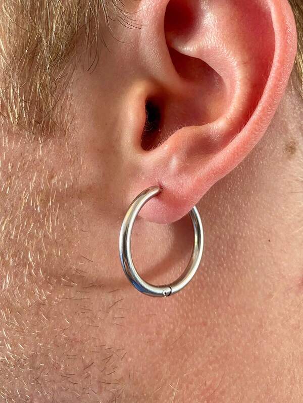 1pc Stainless Steel Men Hoop Earrings Minimalism Non-Fading Silver 16mm Wide Round Hoop Earrings Men Gift For Daily Wear