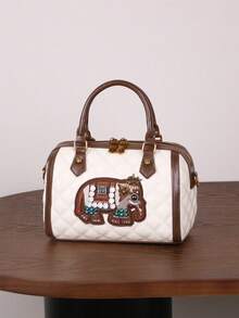 Geantă de pernă Boston cu model de elefant brodat, vintage nouă, la modă, 2025, geantă de mână pentru femei cu model de bowling, versatilă și rafinată, geantă de umăr crossbody de mare capacitate pentru navetiști