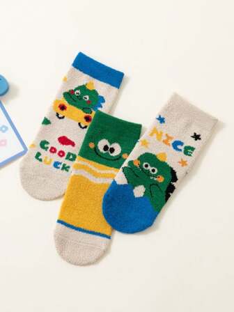 3 Pairs Cute Cartoon Dinosaur Warm Thick Fleece Lined Children Socks, Winter