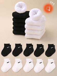 10 perechi de șosete sport casual alb-negru, stil toamnă și iarnă, pentru copii mici, șosete de mers pe jos pentru bebeluși, șosete calde de iarnă din țesătură terry îngroșată, potrivite atât pentru băieți, cât și pentru fete.