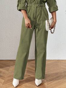 Mono para mujer unicolor tipo cargo y cuello camisero básico de moda ligero para uso casual o diario - Verde militar - Ver 3