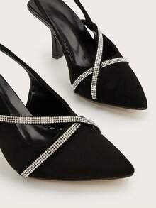 Tacones de aguja con puntera puntiaguda, decorados con strass, de ante sintético negro. Versátiles para uso diario, banquetes y fiestas. Tacones altos. - Negro - Ver 5