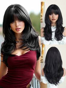 7JHH WIGS 优雅的24英寸黑色长款层次感假发，带刘海，女士适用，柔软耐热纤维，全机织合成层次感假发，适合日常佩戴、音乐节庆典、毕业礼物和母亲节礼物。 - 黑色 - 查看 3