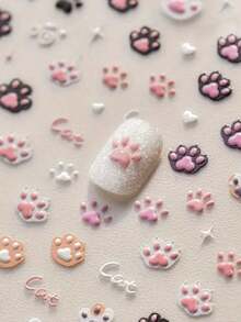 1pc Cute Cat Claw Nail Art Sticker, Cartoon Animal 3D Embossed PVC Sticker, Suitable For Nail Salon And DIY Nail Art Supplies, Glossy Surface, Embroidery Style Single Use Decals, Asymmetrical Shape - Fit For Women Nail Decoration - Nhiều màu - Xem 1