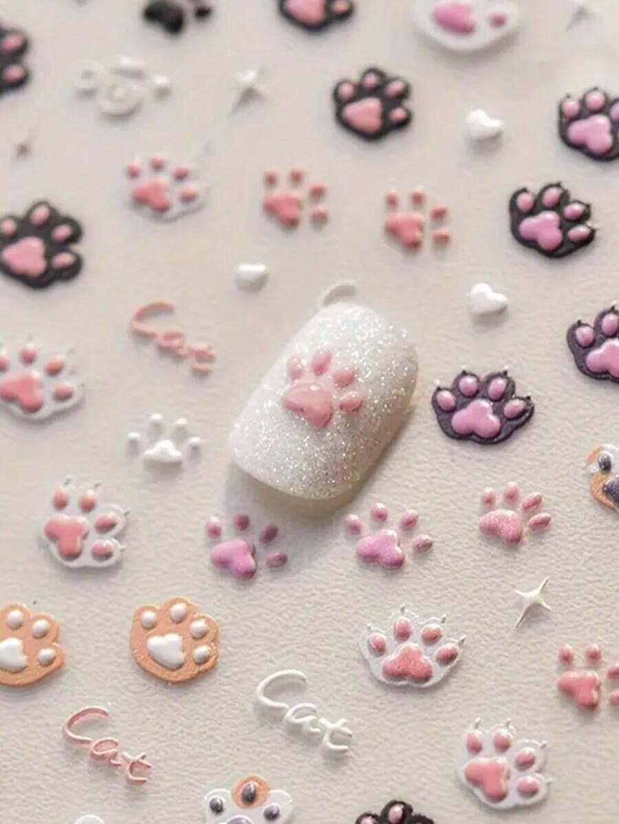 1pc Cute Cat Claw Nail Art Sticker, Cartoon Animal 3D Embossed PVC Sticker, Suitable For Nail Salon And DIY Nail Art Supplies, Glossy Surface, Embroidery Style Single Use Decals, Asymmetrical Shape - Fit For Women Nail Decoration - Nhiều màu - Xem 1