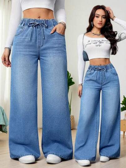 Women's Casual Wide Leg Jeans, Drawstring Waist, Long Pockets, Zipper Closure, Medium Stretch Fabric