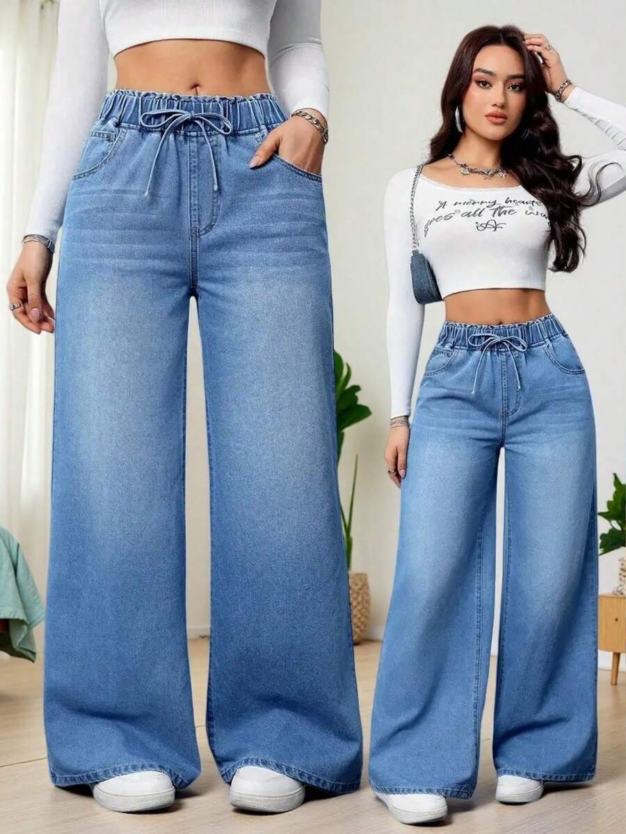 女士休闲阔腿牛仔裤，抽绳腰带，长口袋，拉链闭合，中等弹力面料，春季款