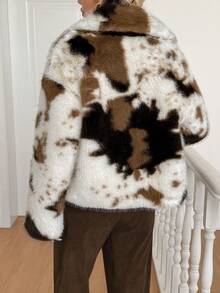 Dila 波莉奶牛印花翻领拉链宽松时尚仿皮草女式外套，秋冬款 - 杏色 - 查看 2