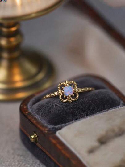 Stylever 1 pieza Anillo de trébol de ópalo calado Joyería de damas para mujeres Plata de ley 925 Anillo elegante Joyería fina Regalo para chicas Decoración para fiesta de graduación