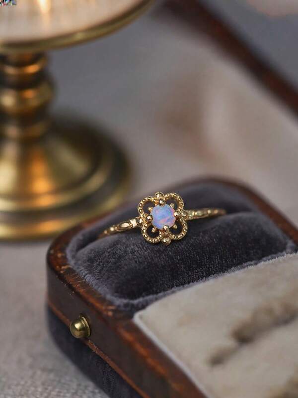 Stylever 1 pieza Anillo de trébol de ópalo calado Joyería de damas para mujeres Plata de ley 925 Anillo elegante Joyería fina Regalo para chicas Decoración para fiesta de graduación