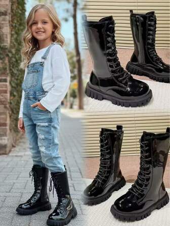 1 par de botas vaqueras de estilo coreano de piel sintética negra brillante de alta caña para niños y niñas de 3 a 15 años, con diseño de cordones y cremallera lateral para facilitar el calzado, forro cómodo, suela gruesa y suave de EVA, adecuadas para uso diario, casual, fiesta y temporada de primavera/otoño/invierno