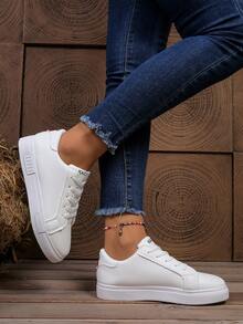 Women's White British Style Lace-Up Sneakers, Round Toe Low-Top Flat Skateboard Shoes, Fashionable Breathable Non-Slip Small White Shoes For Students - White - View 4