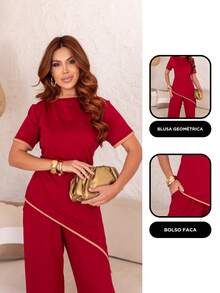 Maria do Luxo Women's Sweatshirt Set, Blouse And Pants With Pockets - Red - View 4