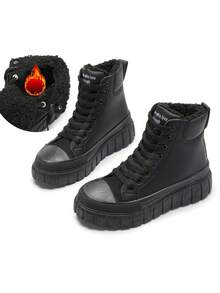 Herbst/Winter Schwarze Schnür-Stiefel mit dicker Sohle und warmem Futter, vielseitige, modische und einfache Motorrad-Knöchelstiefel für Damen im Winter