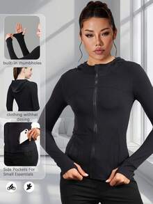 Women's Hooded Long Sleeve Sports Jacket With Thumbholes With Pockets, Breathable Athletic Casual Pullover, Sportswear, Fitness Clothing, Yoga Jacket, Fitness Clothing, Long Sleeve Cycling Sweatshirt, Women's Outdoor Sports Running Tops, Women's Yoga Hoodie Suitable For Running, Fitness, Yoga, Everyday Leisure - 黑色 - 查看 8